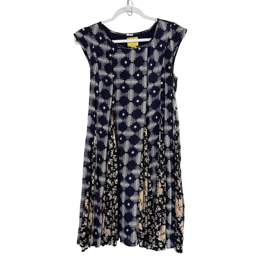 Anthropologie Maeve Indiga Swing Dress Size S Blue Floral Geometric Back Lace Up